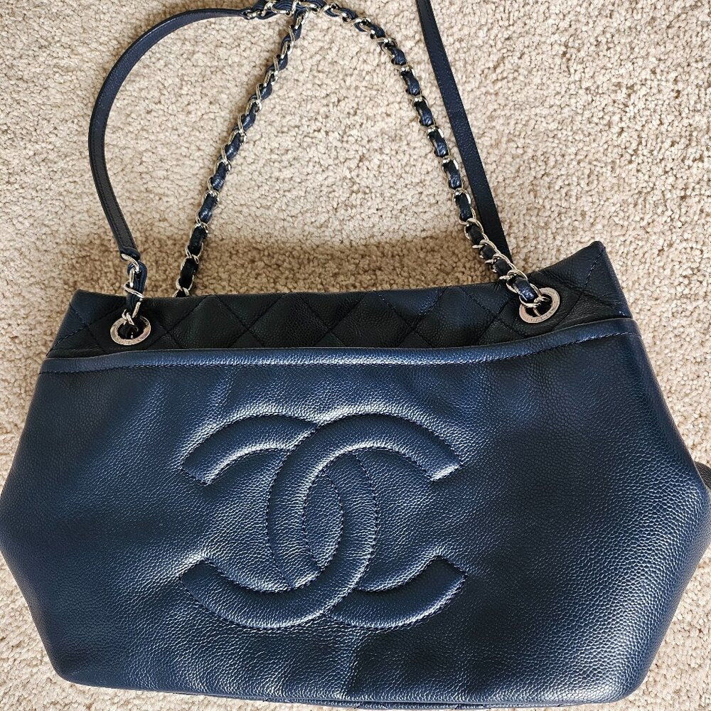 EUC Chanel Blue Lambskin with Quilting & Silver chains Tote Bag